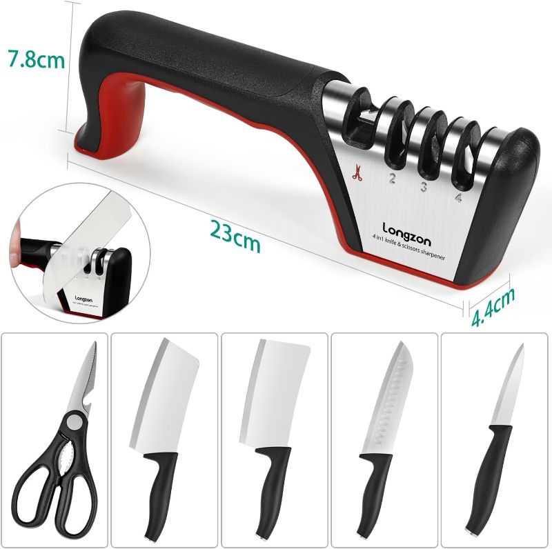 Photo 1 of 4-in-1 Knife Sharpener [4 Stage] with a Pair of Cut-Resistant Glove, Original Premium Polish Blades, Best Kitchen Knife Sharpener Really Works for Ceramic and Steel Knives, Scissors.
