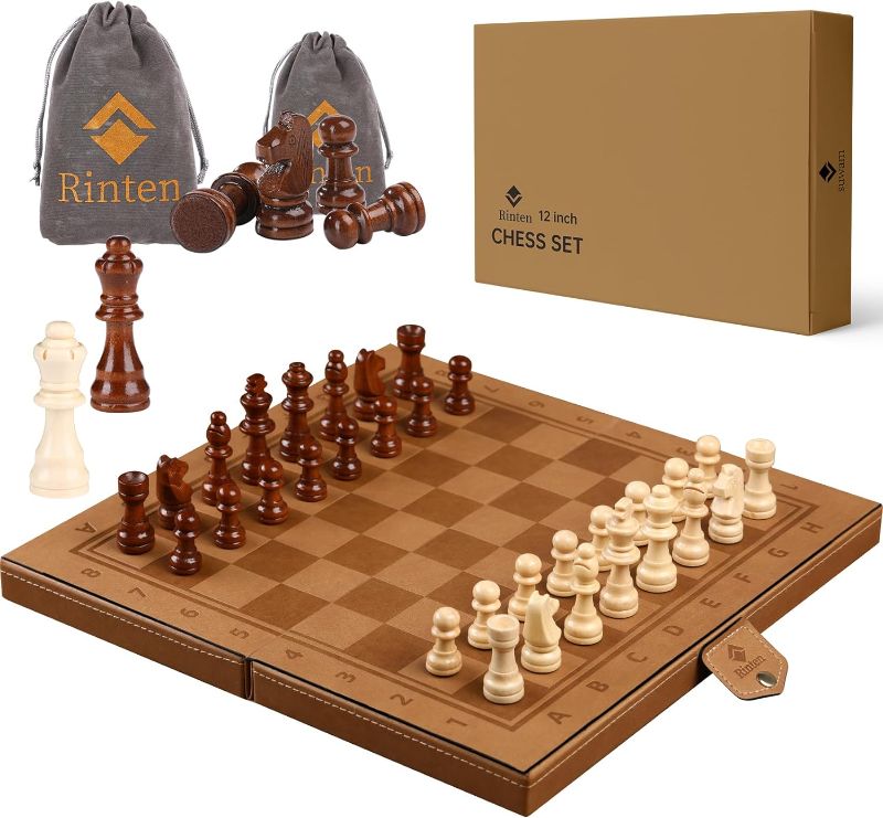 Photo 1 of Chess Set for Adults & Kids - Rinten 12 Inch Leather Travel Chess Board Pieces Unique Design Chess by Chess Armory Game Gift Choice
