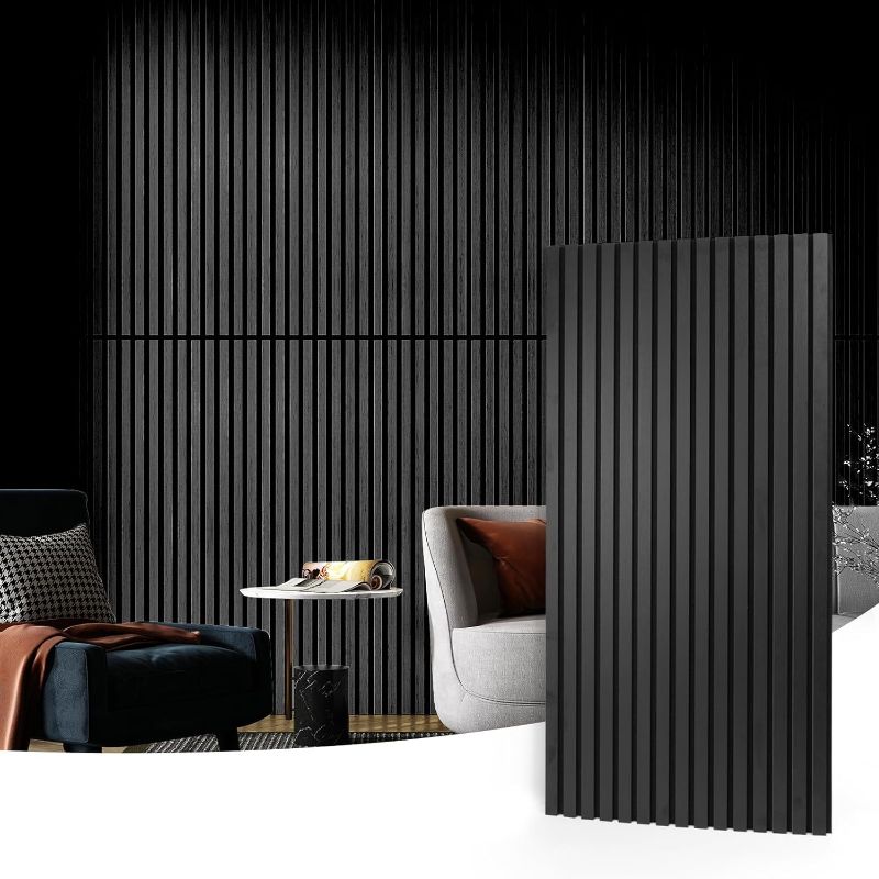 Photo 1 of Art3d 2 Wood Slat Acoustic Panels for Wall and Ceiling - 3D Fluted Sound Absorbing Panel with Wood Finish - Matte Black
