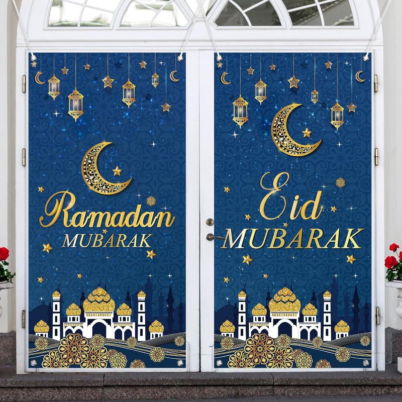 Photo 1 of 2 Pcs Ramadan Mubarak Door Cover 2 in 1 Eid Ramadan Mubarak Door Banner Blue