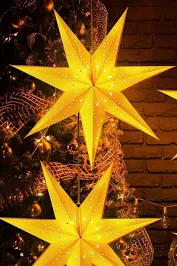 Photo 1 of 2 Pack Nine Pointed Star Lighted Paper Lanterns Christmas Decor, Warm White LED Paper Star Light with Plug, Collapsible Hanging Star Decor for Christmas Window Wall Room Porch Yard