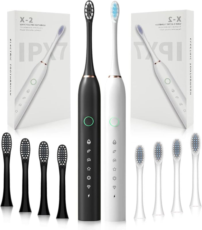 Photo 1 of 2 Pack Rechargeable Electric Toothbrushes for Adults and Kids, Sonic Whitening Tooth Brush with 8 Brush Heads, 6 Cleaning Modes and Smart Timer, Waterproof Cleaning Toothbrushes (Black&White)