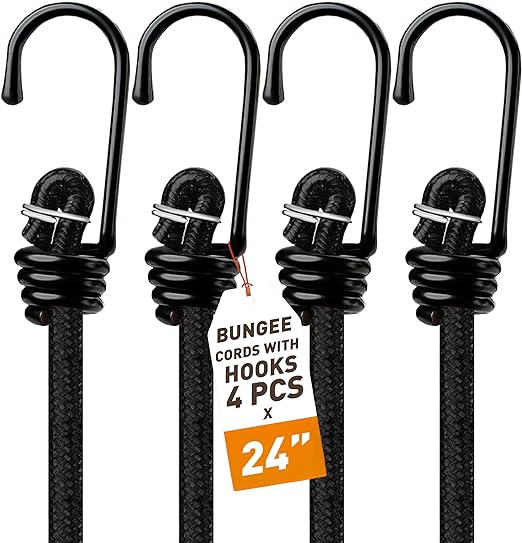 Photo 1 of 4 Pcs 24 Inch Small Bungee Cords with Hooks - Black Bungee Cords Heavy Duty Outdoor - Bunji Chords Set - Bunjee Chords, Bungie Cords - Tarp Bungee Straps Rubber Cords Pack (2ft)
