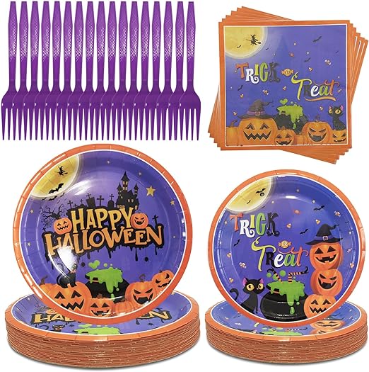 Photo 1 of 120 Pcs Halloween Party Supplies Serves 30 - Halloween Dessert Disposable Dinnerware - Halloween Witch Pumpkin Pattern Tableware for Halloween Birthday Party Decoration Supplies (2pk)
