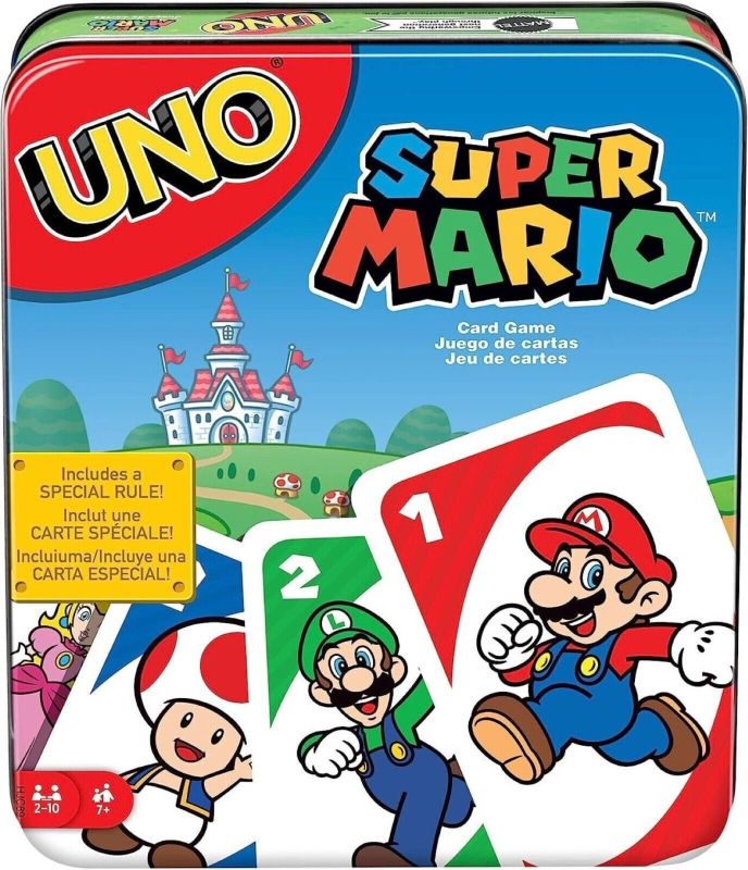Photo 1 of UNO Super Mario Card Game in Storage Tin Video Game-Themed Deck & Special Rule Gift for Kid Adult & Family Game Nights Ages 7 Years Old & up
