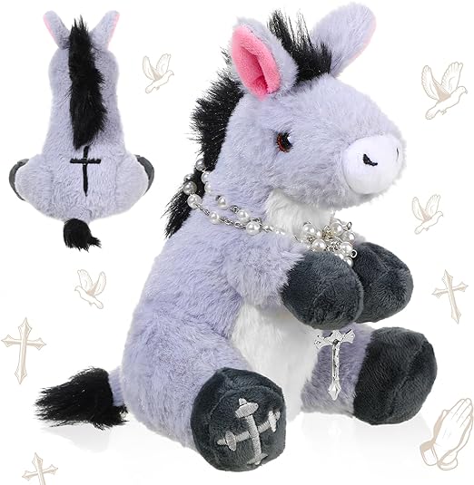 Photo 1 of Donkey Religious Stuffed Animal Toy Baptism Gifts Christening 7.48 Inch Jesus Donkey Plush Toys Prayer Donkey with Jesus Cross Necklace Donkey Gifts for Religious Easter
