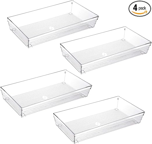 Photo 1 of 4 Pack Large Size Clear Plastic Desk Drawer Organizer Tray Bathroom Office Kitchen Utensils Silverware Gadgets Dividers Desk Drawer Storage Bins Container for Dresser Cosmetic Makeup
