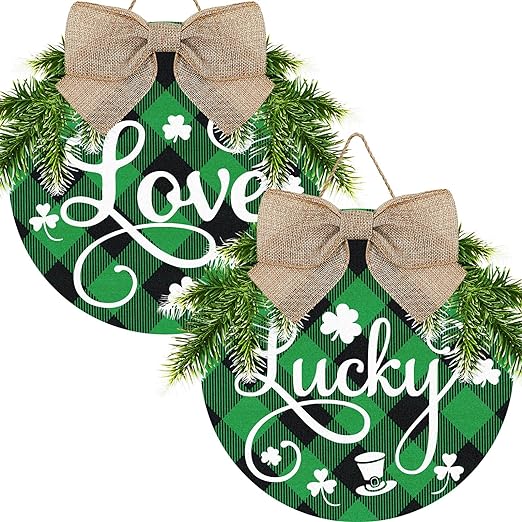 Photo 1 of 2 Pieces St Patricks Day Wreath Decorations Wooden Hanging Sign St Patricks Day Shamrock Buffalo Plaid Wreath for Front Door Rustic Table Window Door Decor with Rope Wall Green Holiday Decor
