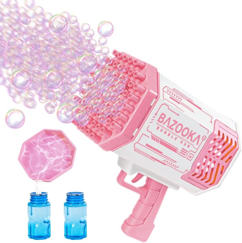 Photo 1 of Bubble Machine Guns, Bubble Guns with Light, Bubble Solution, 69 Holes Bubbles Machine for Kids Adults, Summer Toy Gift for Outdoor Indoor Birthday Wedding Party - Pink Bubble Makers