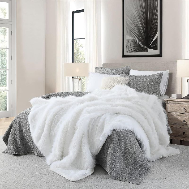 Photo 1 of Luxury Plush Faux Fur Blanket Queen Size, Long Pile White Big Fur Blanket, Oversized Super Warm, Fuzzy, Elegant, Fluffy Decoration Blanket Scarf for Sofa, Armchair, Couch and Bed, 90''x90'' White 90'' x 90''