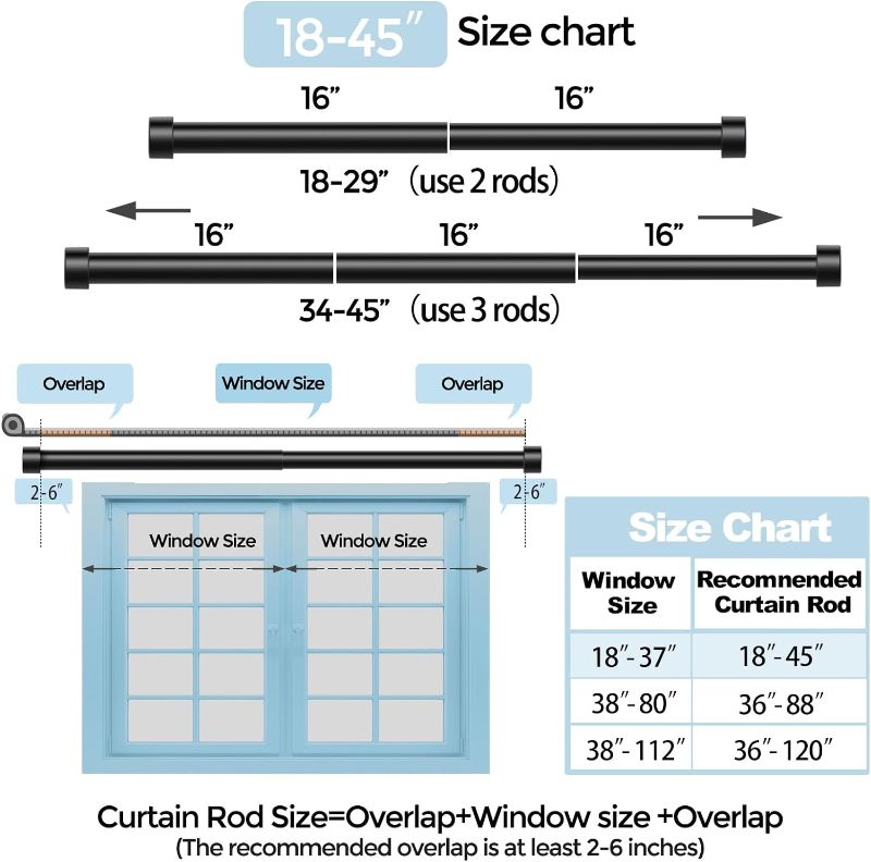 Photo 1 of 2 Pack Curtain Rods for Windows 18 to 45 Inch(1.5-3.75 Feet),Black 1'' Diameter Drapery Rods with End Cap Style Design,Modern Adjustable Heavy Duty Curtain Rod,Size:18''-45''
