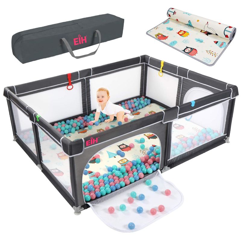 Photo 1 of 79 Inch x 59 Inch Large Baby Playpen with 79 Inch x 59 Inch Mat & 50PCS Balls, Play Yard for Babies and Toddlers Indoor and Outdoor Kids Activity Center, Dark Grey
