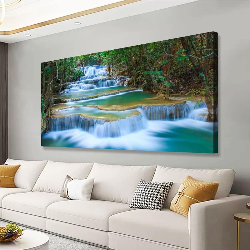 Photo 1 of Waterfall Pictures Canvas Wall Art for Living room Bedroom Wall Decor,Green Water Wall Art Print Paitnings for home Decor,Morden Artwork Tree River Water Canvas Art Waterproof Stretched Ready to 