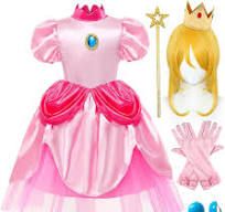 Photo 1 of **MISSING WIG** Tacobear Princess Peach Costume for Girls Princess Peach Dress Wig Crown Gloves Dress Up Accessories Halloween Cosplay Outfit