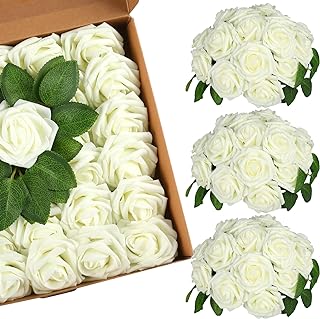 Photo 1 of 30PCS Artificial Flowers Artificial Roses Real Looking Cream Fake Roses w/Stem for DIY Wedding Bouquets for Bride Centerpieces Wedding Bridal Shower Party Home Event Room Decorations