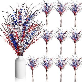 Photo 1 of 6 Pieces Red White Blue Artificial Flowers Branches (Red & Blue & White)