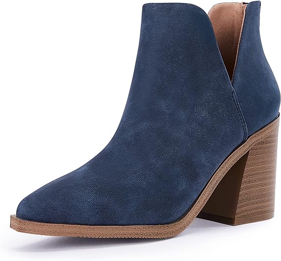 Photo 1 of FISACE Womens Pointed Toe Stacked Mid Heel Ankle Boots V Cut Back Zipper Faux Leather Booties