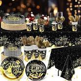 Photo 1 of 146 Pcs Happy New Year Disposable Tableware Set 2024 Happy New Year Party Supplies Disposable Tablecloth, Paper Cup, Plates for 24 Guests 2024 New Year Eve Dinner Supplies, Black, Gold