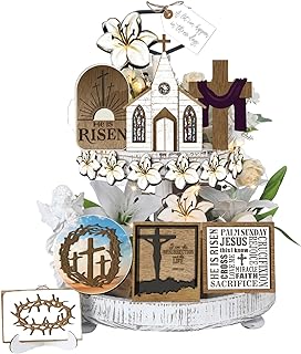 Photo 1 of 21 Pcs He is Risen Easter Tiered Tray Decor Set Jesus Tomb Easter Tray Bundle Kit Rustic Wooden Jesus Easter Decorations with Copper Wire Light and LED Candles for Farmhouse Home (Stylish)