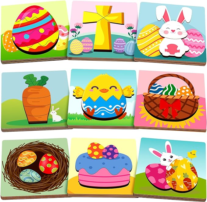 Photo 1 of 9 Pack Easter Wooden Puzzles Include Easter Bunny Egg Baskets Cross Carrot and Other Patterns for Kids Toddlers Easter Gifts Educational Preschool Toys
