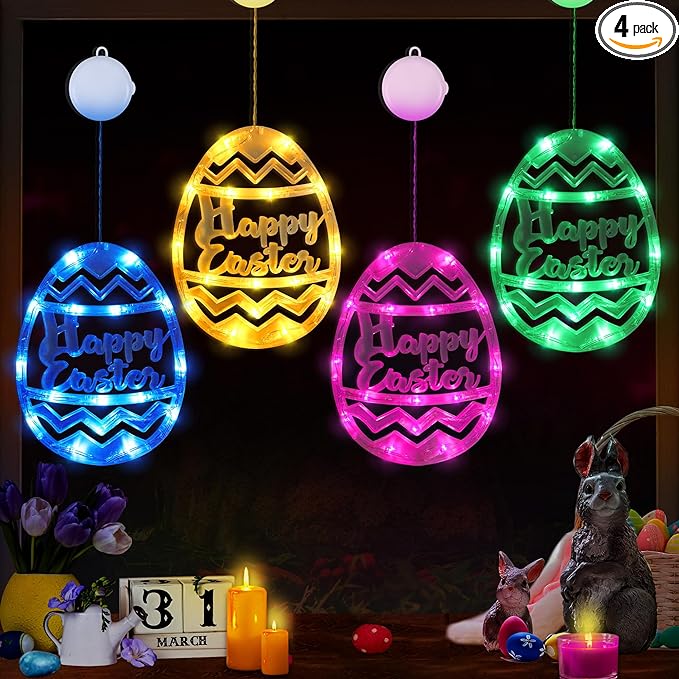 Photo 1 of [Timer] 4 Pack Easter Egg Window Lights, Easter Eggs Decorations Lights with Suction Cup, Easter Lights Battery Operated Easter Window Decorations for Home Indoor Easter Party Decor
