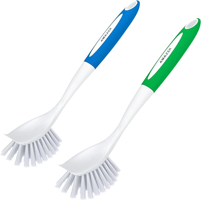 Photo 1 of Amazer Dish Brush with Handle, 2 Pack Kitchen Scrub Brushes for Cleaning, Dish Scrubber with Stiff Bristles for Sink, Pots, Pans
