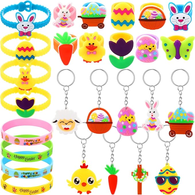 Photo 1 of 150 Pcs Easter Party Favors Set Rings Silicone Bracelets Keychains for Easter Basket Stuffers Easter Goodie Bag Fillers, Classroom Prize Supplies, Easter Egg Toy
