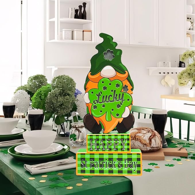 Photo 1 of St Patricks Day Decorations Wooden Block Sign with Lights Happy St. Patrick's Day Gnomes Shamrock Battery Operated St Patricks Day Table Decor for Home Indoor Irish Holiday Decorations
