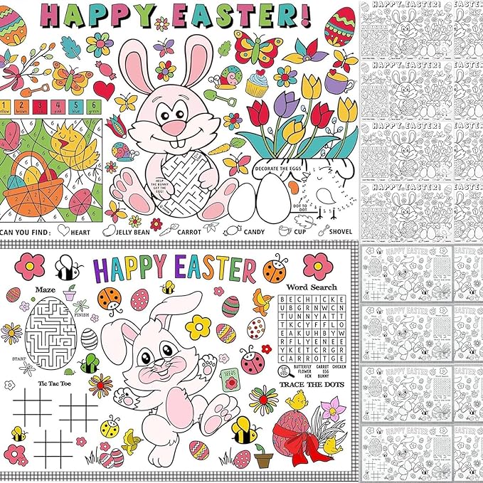 Photo 1 of 24 Pcs Disposable Easter Coloring Placemats Bunny Coloring Activity Paper Mats for DIY Coloring Table Decorations Kitchen Activity
