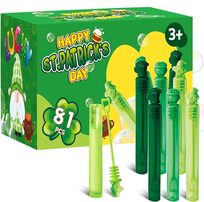 Photo 1 of 81Pcs St Patricks Day Bubble Wands, Mini Bubble Wands for Saint Paddy Day Party Favors, Irish Green Gift Toys for Girls Boys Kids Toddler Adults, Party Bag Stuffers Goodie Bag Filler, Classroom Prizes
