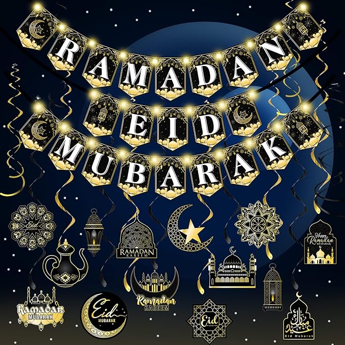 Photo 1 of 2 in 1 Ramadan Eid Mubarak Decoration 22 Pcs Ramadan Eid Hanging Swirls 3 Pcs Ramadan Eid Mubarak Banner with String Light for Mosques Iftar Ramadan Eid Al Fitr Holiday Party Supplies