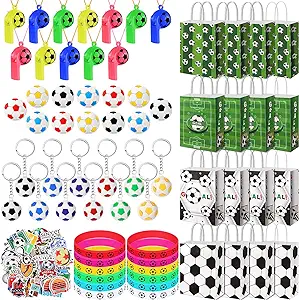 Photo 1 of 110 Pcs Soccer Party Favors Include 12 Soccer Goodie Bags, 12 Soccer Whistle, 12 3D Soccer Ball Erasers, 12 Keychains, 12 Silicone Wristbands and 50 Soccer Stickers for Kids Birthday Gifts