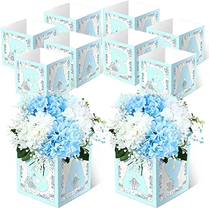 Photo 1 of 10 Pcs Baby Shower Flower Boxes Centerpieces Decorations Rustic Elephant Floral Baby Boxes with Letters Baby Shower Box Block for Tables Boy Girl Gender Reveal Birthday Party(Blue Elephant Style)