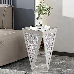 Photo 1 of Silver Mirrored End Table, Crystal Inlay Side Table Accent Table, Small Mirrored Coffee Table for Living Room, Bedroom, Corner, 22" H