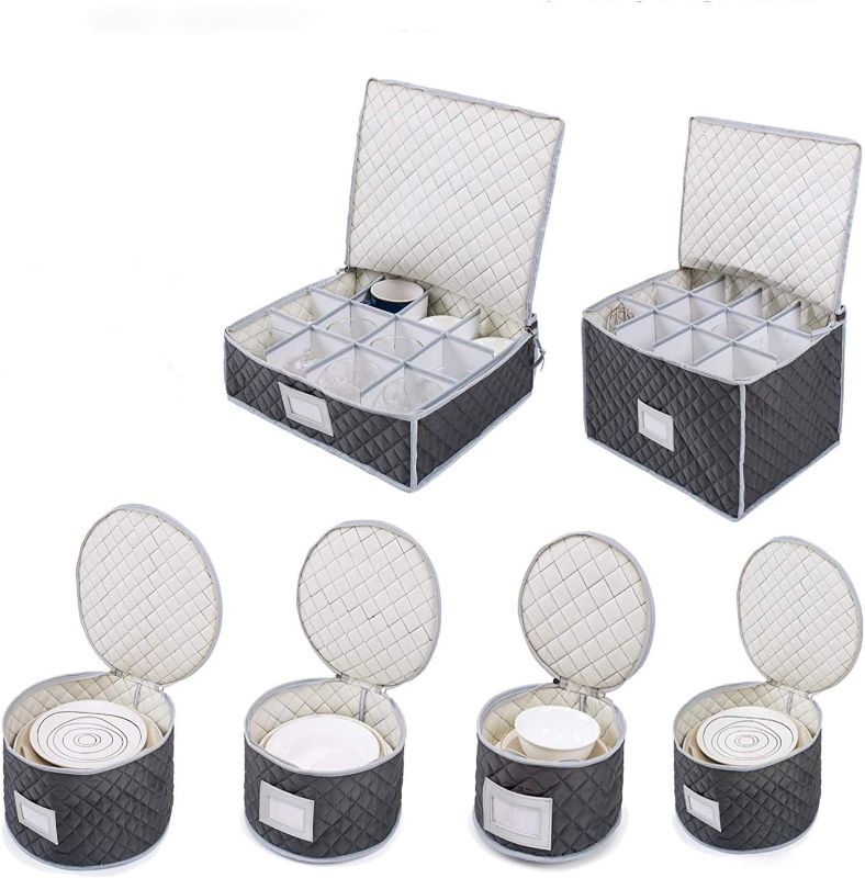 Photo 1 of Woffit China Storage Containers - 6 Pack, Quilted Dinnerware & Stemware Set Bins for Packing Dishes and Glasses w/ 48 Felt Protectors - Christmas, Seasonal Storage
