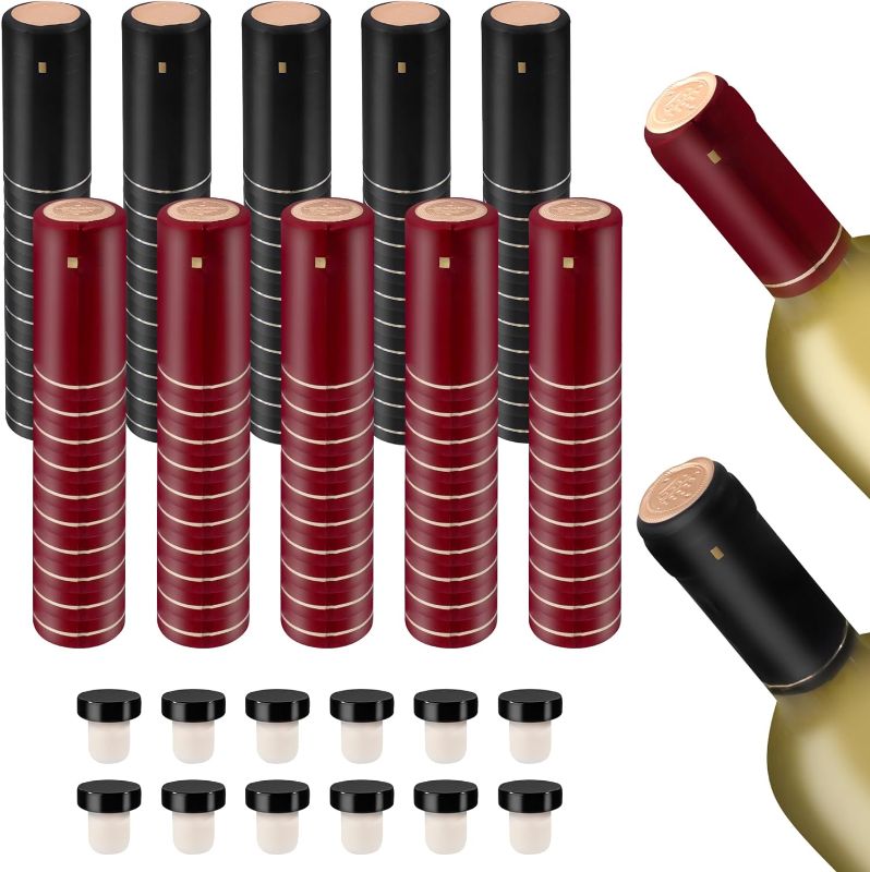 Photo 1 of 100 Pcs PVC Heat Shrink Capsules Seals for Cruise, 12 Pcs T-shaped Wine Cork Stoppers for Wine Bottles Sealing, Wine Bottle Corks and Shrink Caps for Wine Cellars and Home Use - Black, Red