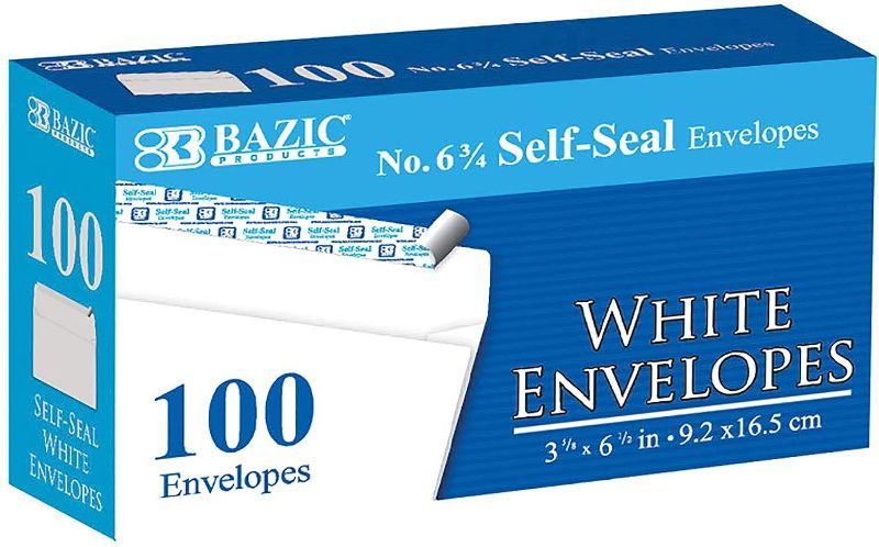 Photo 1 of BAZIC Self Seal White Envelope 3 5/8" x 6 1/2" #6, No Window Mailing Envelopes, Peel & Seal Mailer for Business Invoice Check (100/Pack), 1-Pack