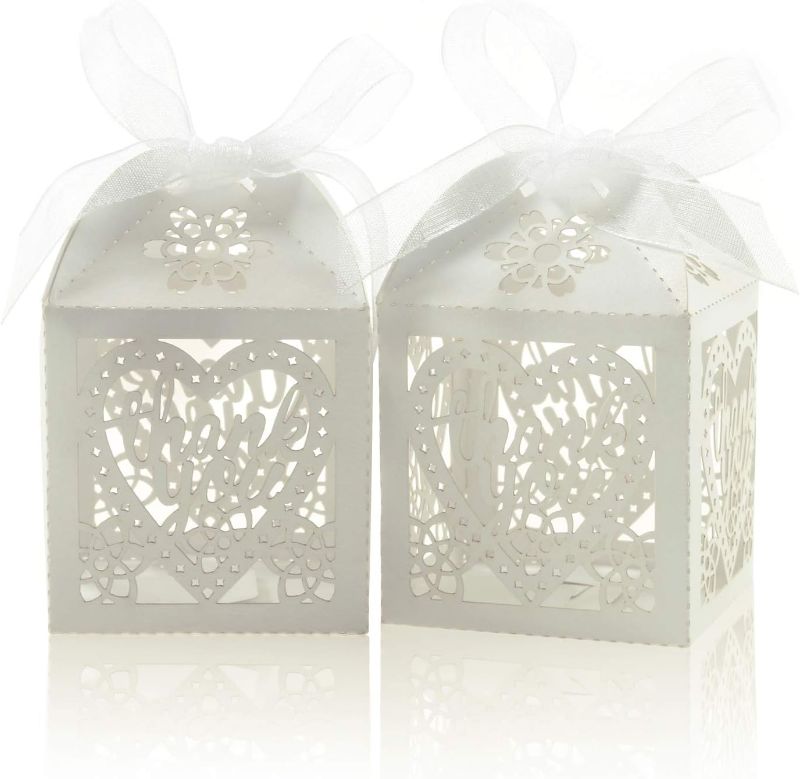 Photo 1 of COTOPHER Laser Cut Boxes, 100pcs Thank You Gift Boxes Wedding Party Favor Boxes Lace Candy Boxes for Wedding Bridal Shower Baby Shower Birthday Party Decorations with Ribbons (2x2x3inch, White, 100)