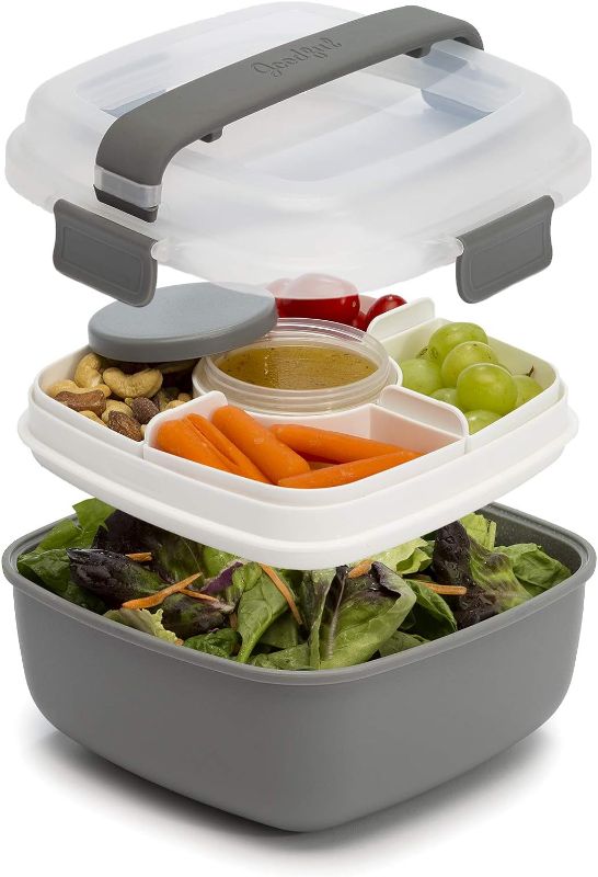Photo 1 of Goodful Stackable Lunch Box Container, Bento Style Food Storage with Removeable Compartments for Sandwich, Snacks, Toppings & Dressing, Leak-Proof and Made without BPA, 56-Ounce, Gray