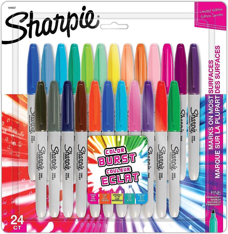 Photo 1 of SHARPIE Color Burst Permanent Markers, Fine Point, Assorted Colors, 24 Count