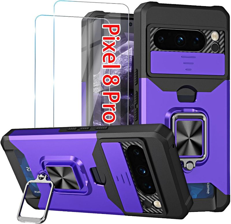 Photo 1 of Jusy Wallet Case for Google Pixel 8 Pro & 2 Screen Protectors, with Sliding Camera Cover, Card Holder Slot and Magnetic Kickstand Ring, Heavy Duty Case Military Grade Cover (Purple)