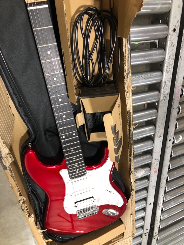 Photo 2 of Donner Dst-102r Solid Body 39 inch Full Size Electric Guitar Kit Red, Beginner Starter, with Amplifier, Bag, Capo, Strap, String, Tuner, Cable, Picks