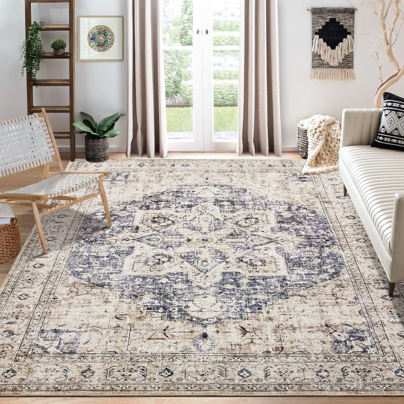 Photo 1 of Area Rug for Living Room - 9x12 Washable Boho Vintage Oriental Distressed Farmhouse Large Thin Indoor Carpet for Bedroom Under Dining Table Home Office - Cream Blue
