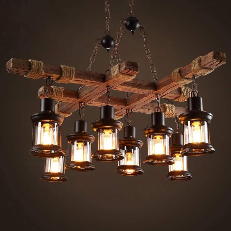 Photo 1 of 8 Lights Industrial Wooden Hanging Lighting Black Metal Chandelier Farmhouse Vintage Pendant Lamp Glass Lampshade for Pool Table Kitchen Island Bar Retro Ceiling Light Height Adjustable Fixture
