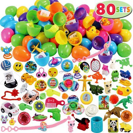 Photo 1 of 80 Packs Pre Filled Easter Eggs with Novelty Toys and Stickers, 2 3/8? 80 Bright Colorful Easter Eggs for Easter Basket Stuffers, Easter Party Favors,