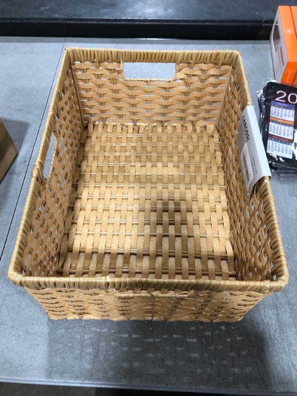 Photo 1 of Labcosi Large Wicker Basket, Plastic Wicker Storage Basket, Wicker Storage Basket for Bathroom, Plastic Storage Bin with Built-in Handles, Natural Tan, 15 "L x 11 "W x 6.75 "H, 1 Pack Plastic(Natural Tan)