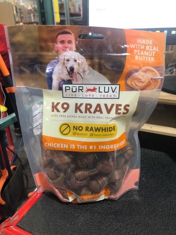 Photo 1 of Pur Luv K9 Kraves Rawhide Free Bone Dog Treats, Peanut Butter Flavor, Made with Real Peanut Butter and Chicken, Healthy, Easily Digestible, Long Lasting, and High Protein Dog Treat, 20 Count Peanut Butter 20 Count (Pack of 1)Best By May 14 2024