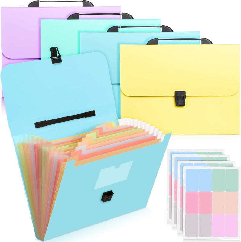 Photo 1 of 4 Pcs 13 Pockets Expanding File Folder with Handle Portable File Organizer with Labels A4 Letter Size Receipt Expandable Plastic Document Organizer for Office Classroom (Soft Color)