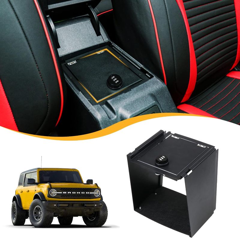 Photo 1 of Center Console Lock Safe Box Armrest Storage Compatible with 2021 2022 2023 2024 New Ford Bronco 2/4 Door Interior Accessories Armrest Vault Organizer Tray with 3 Digit Combo Password Black