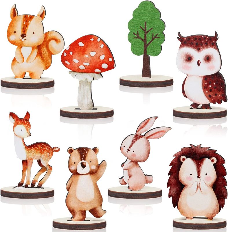 Photo 1 of 16 Pcs Woodland Animals Wood Table Centerpieces Forest Animals Cutout Shapes Creatures Table Topper for Woodland Camping Baby Shower Birthday Decorations Supplies